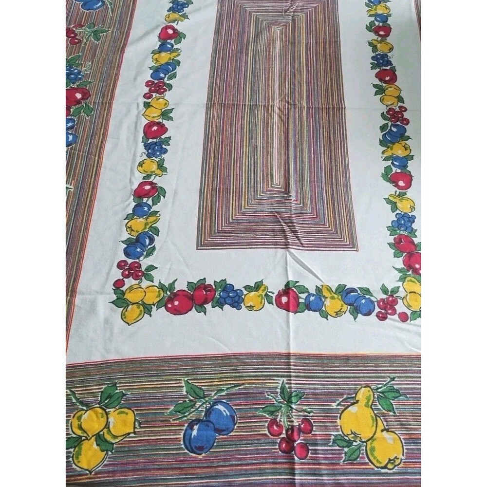 Vintage Startex Tablecloth Fruit And Stripes 62x50" Colorful Apples Cherries